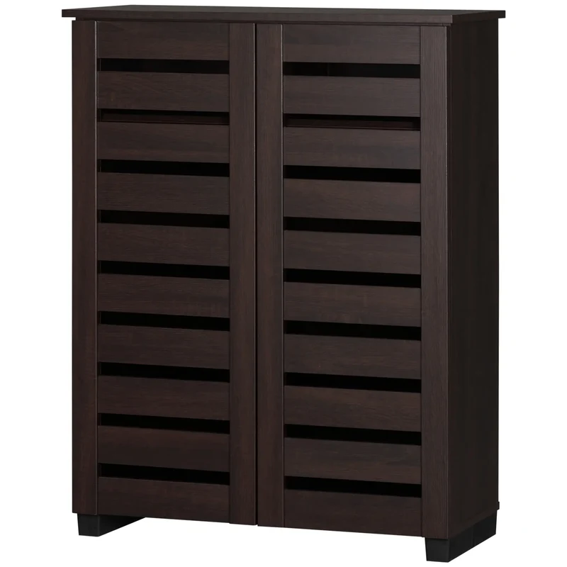 Narrow Shoe Cabinet, 2 Slatted Doors, Adjustable Shelves, Holds 15 Pairs, Dark Brown