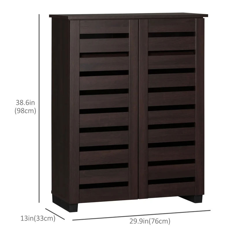 Narrow Shoe Cabinet, 2 Slatted Doors, Adjustable Shelves, Holds 15 Pairs, Dark Brown