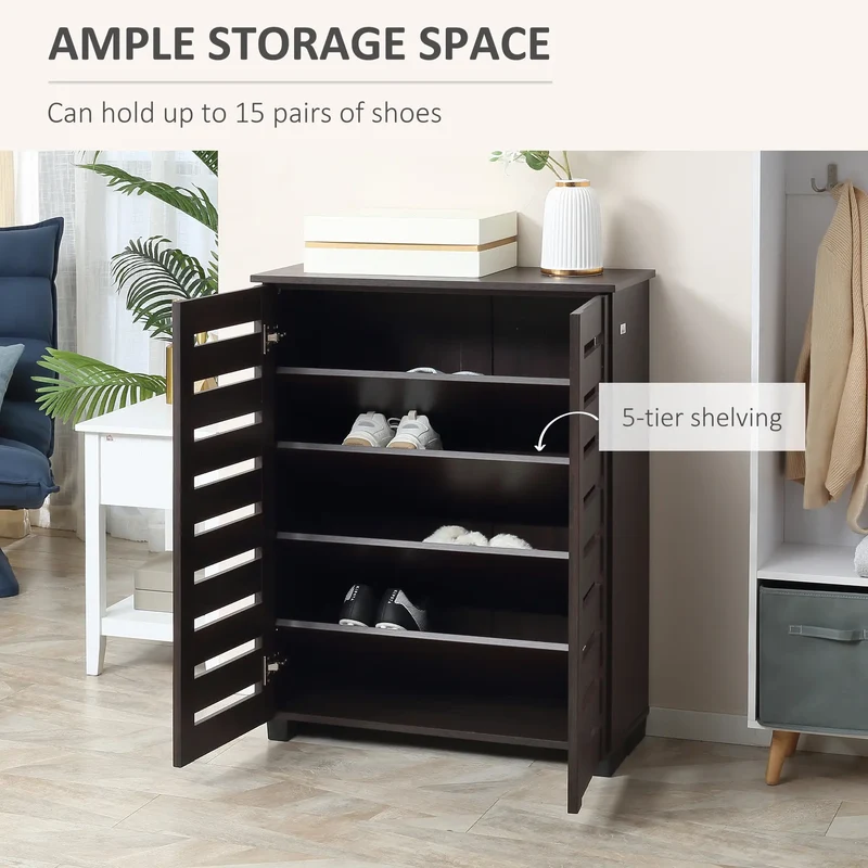 Narrow Shoe Cabinet, 2 Slatted Doors, Adjustable Shelves, Holds 15 Pairs, Dark Brown