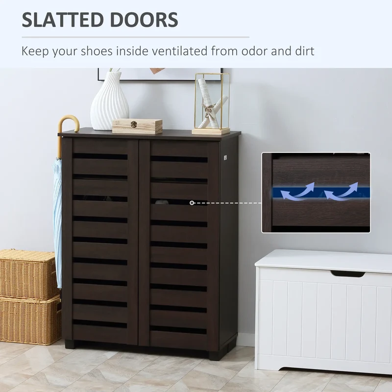 Narrow Shoe Cabinet, 2 Slatted Doors, Adjustable Shelves, Holds 15 Pairs, Dark Brown