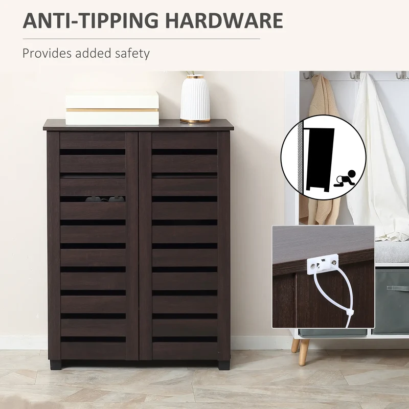 Narrow Shoe Cabinet, 2 Slatted Doors, Adjustable Shelves, Holds 15 Pairs, Dark Brown