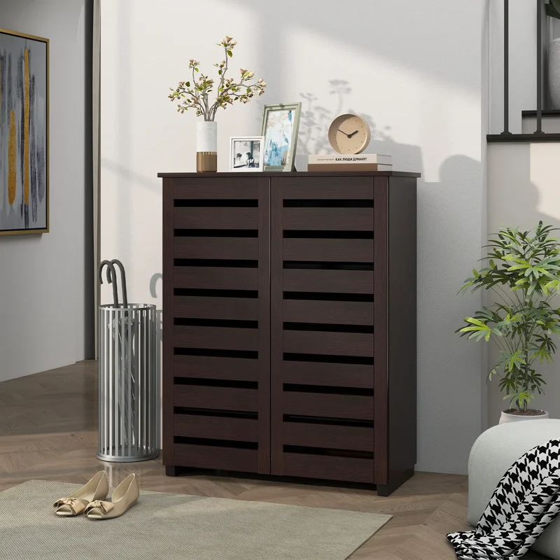 Narrow Shoe Cabinet, 2 Slatted Doors, Adjustable Shelves, Holds 15 Pairs, Dark Brown