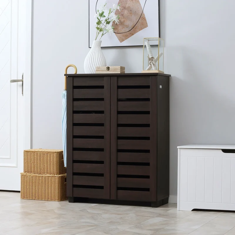 Narrow Shoe Cabinet, 2 Slatted Doors, Adjustable Shelves, Holds 15 Pairs, Dark Brown