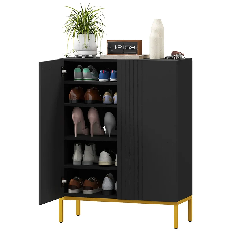 Shoe Storage Cabinet, Adjustable Shelves, Soft-Close Hinges, 15-20 Pairs, Black