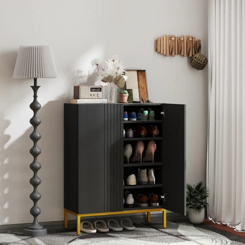 Shoe Storage Cabinet, Adjustable Shelves, Soft-Close Hinges, 15-20 Pairs, Black