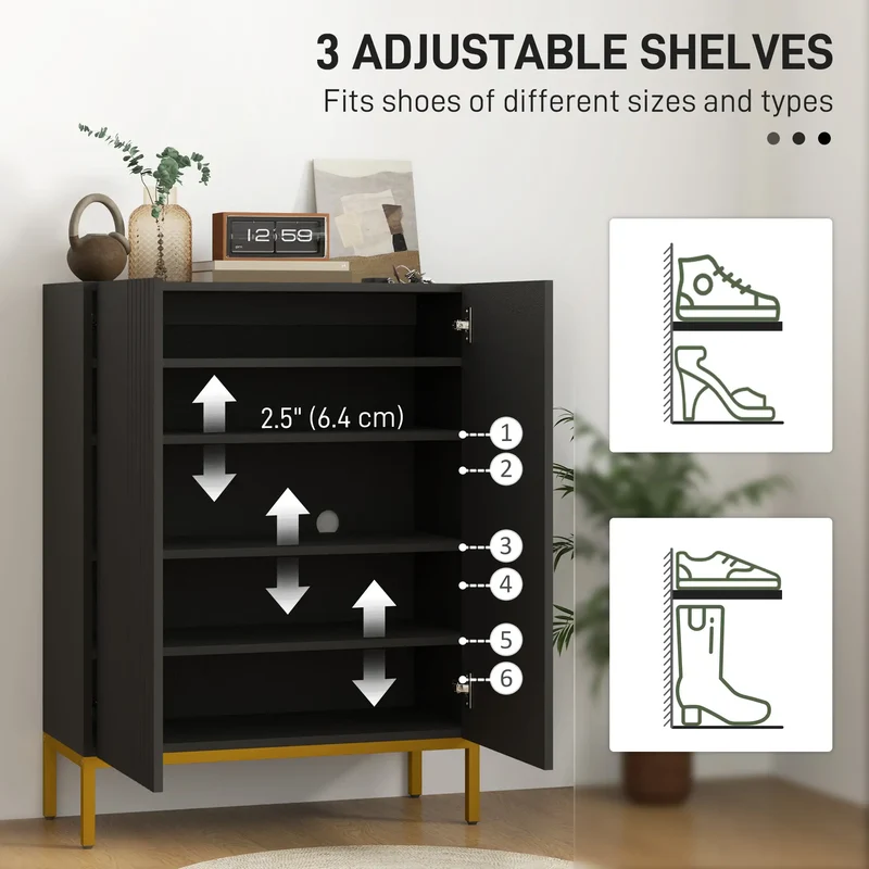 Shoe Storage Cabinet, Adjustable Shelves, Soft-Close Hinges, 15-20 Pairs, Black