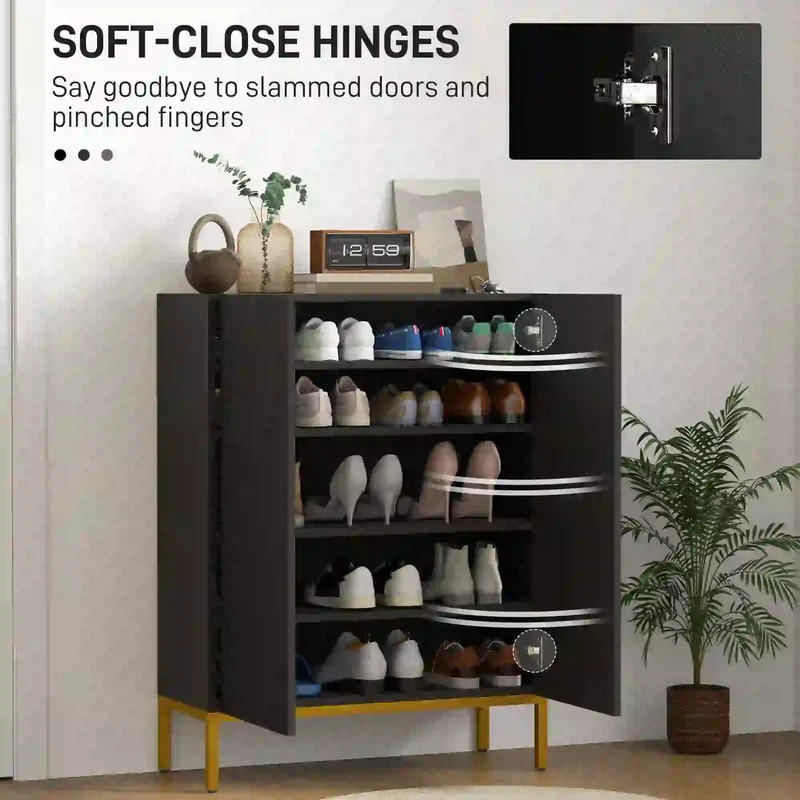 Shoe Storage Cabinet, Adjustable Shelves, Soft-Close Hinges, 15-20 Pairs, Black