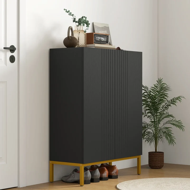 Shoe Storage Cabinet, Adjustable Shelves, Soft-Close Hinges, 15-20 Pairs, Black