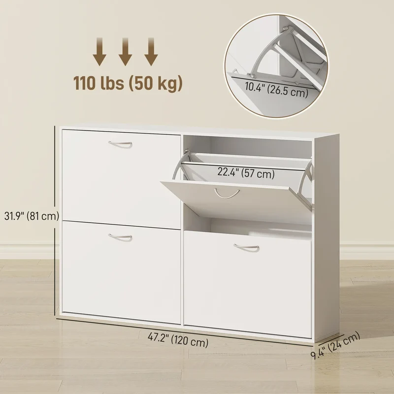 Flip Down Shoe Rack, Wooden Shelf, 4 Drawer Organizer, White