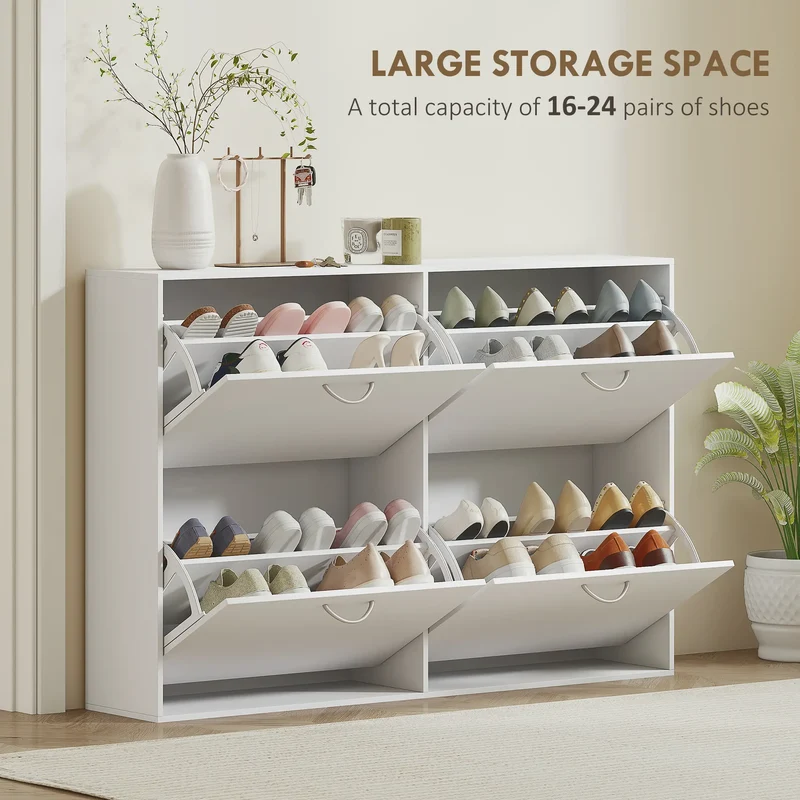 Flip Down Shoe Rack, Wooden Shelf, 4 Drawer Organizer, White