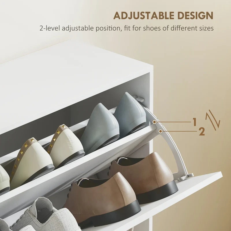 Flip Down Shoe Rack, Wooden Shelf, 4 Drawer Organizer, White