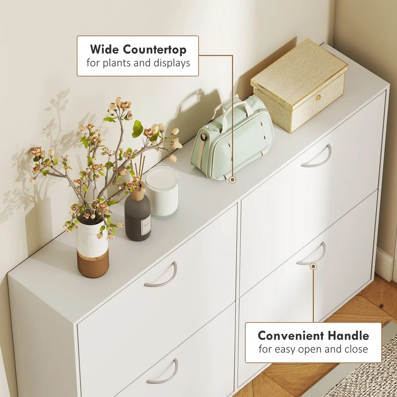 Flip Down Shoe Rack, Wooden Shelf, 4 Drawer Organizer, White