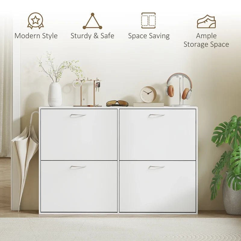 Flip Down Shoe Rack, Wooden Shelf, 4 Drawer Organizer, White