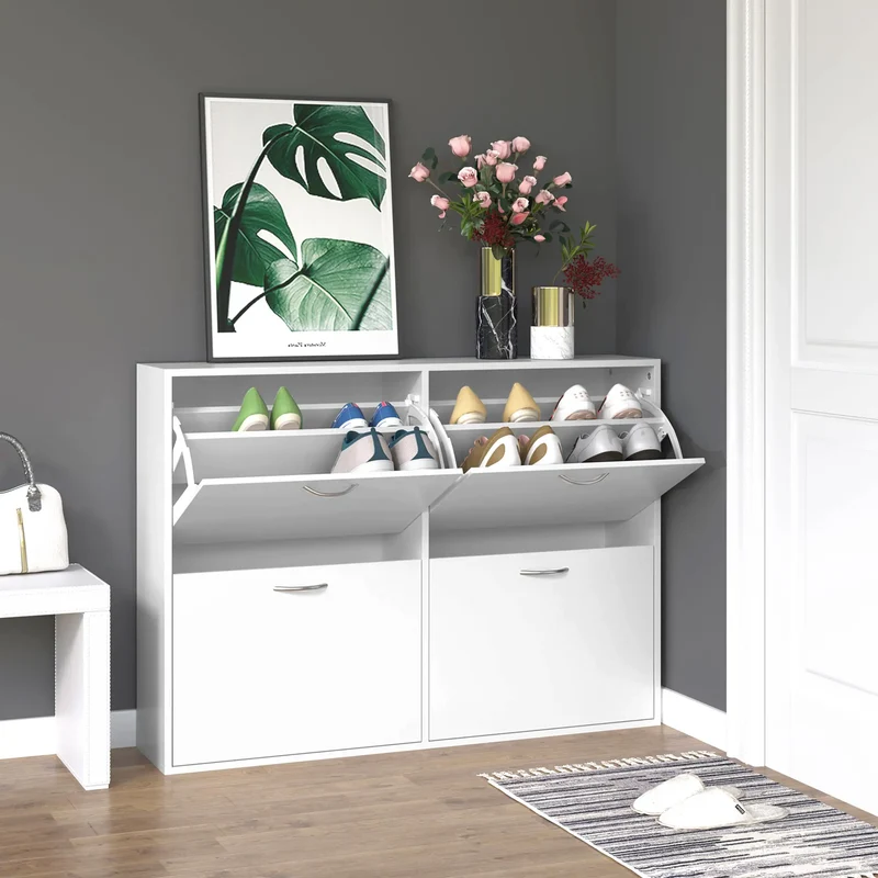 Flip Down Shoe Rack, Wooden Shelf, 4 Drawer Organizer, White