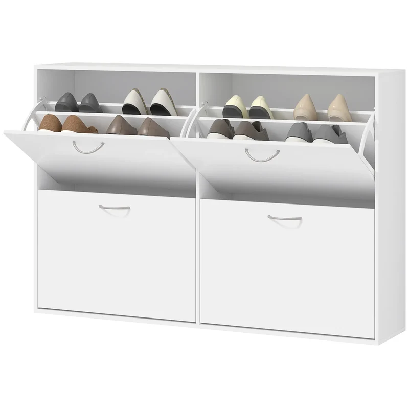 Flip Down Shoe Rack, Wooden Shelf, 4 Drawer Organizer, White
