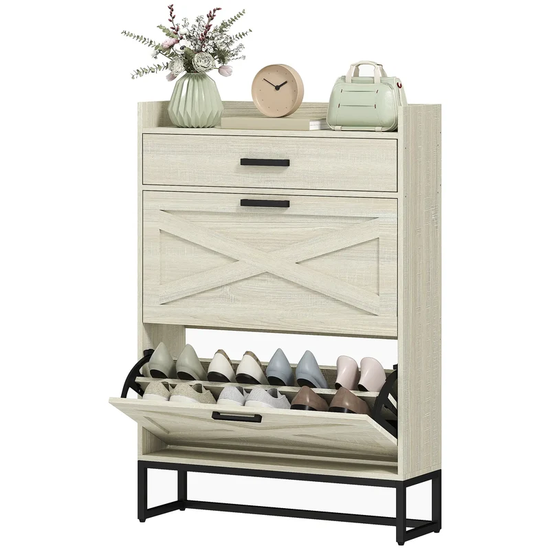 Slim Shoe Storage, 2 Flip Drawers, Adjustable Shelves, 12 Pair, Distressed, White