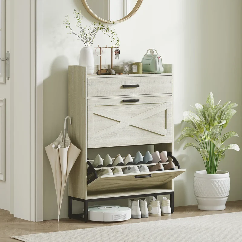 Slim Shoe Storage, 2 Flip Drawers, Adjustable Shelves, 12 Pair, Distressed, White