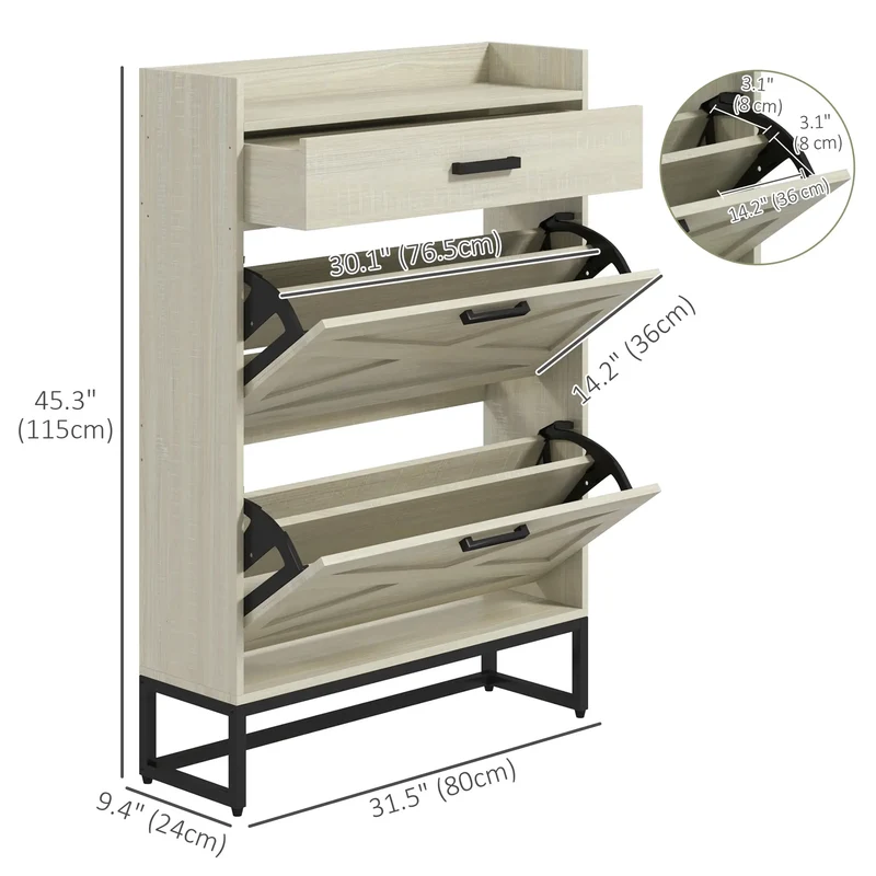 Slim Shoe Storage, 2 Flip Drawers, Adjustable Shelves, 12 Pair, Distressed, White