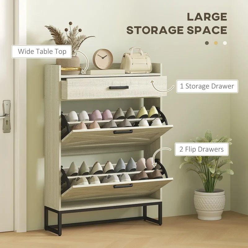 Slim Shoe Storage, 2 Flip Drawers, Adjustable Shelves, 12 Pair, Distressed, White