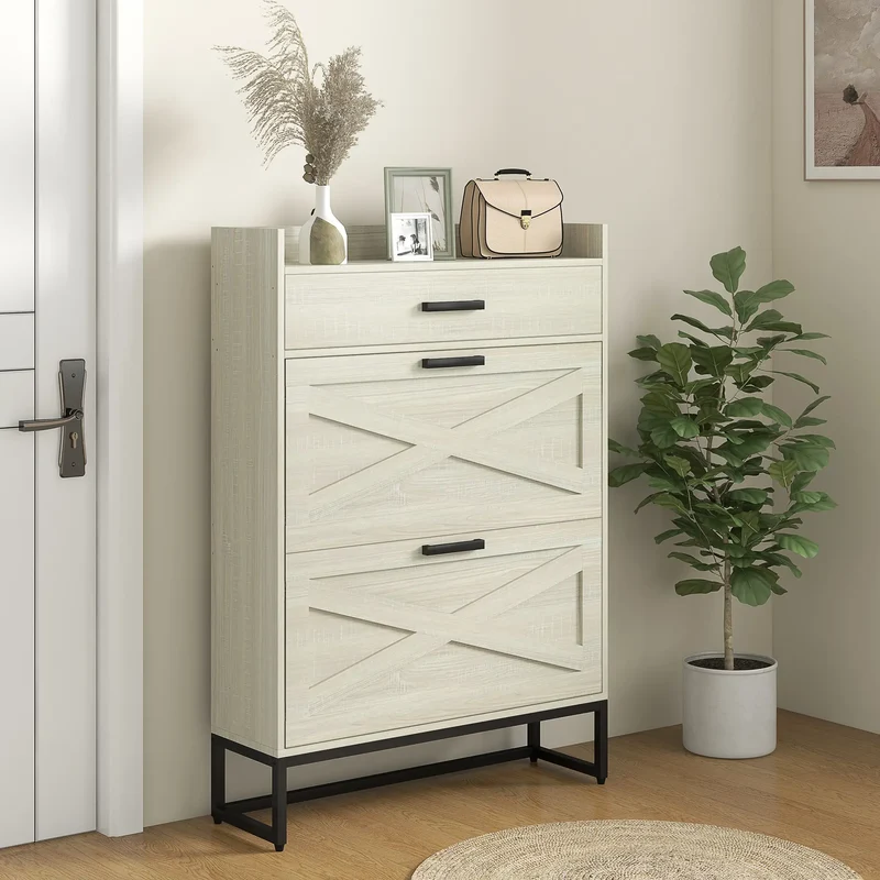 Slim Shoe Storage, 2 Flip Drawers, Adjustable Shelves, 12 Pair, Distressed, White