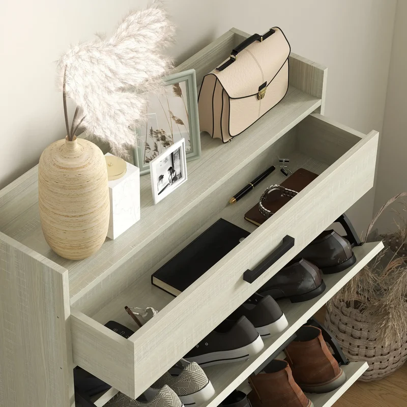 Slim Shoe Storage, 2 Flip Drawers, Adjustable Shelves, 12 Pair, Distressed, White
