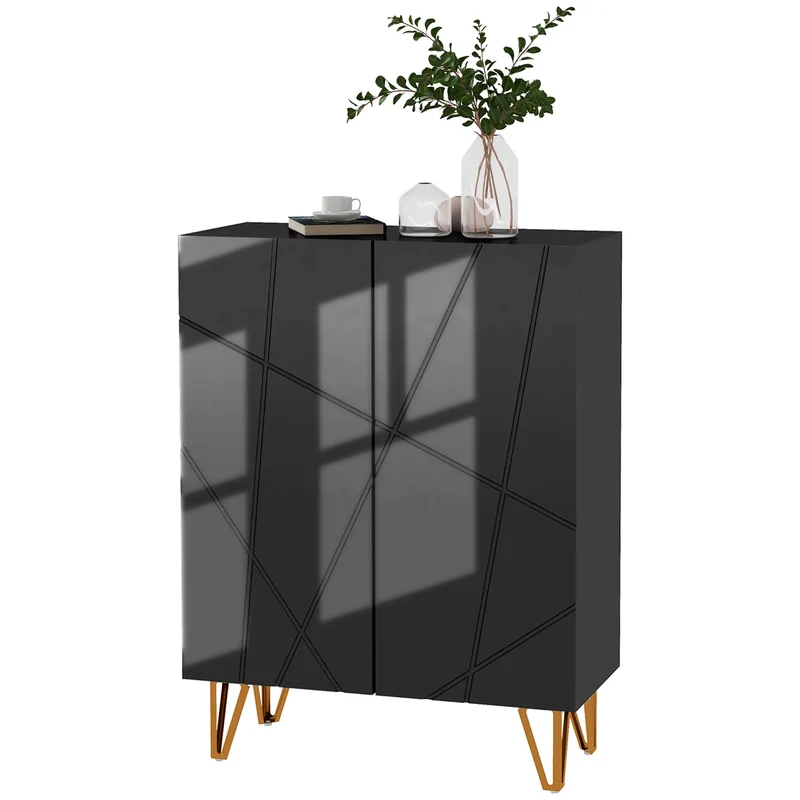 Narrow Shoe Storage Cabinet, Adjustable Shelves, High Gloss, Black