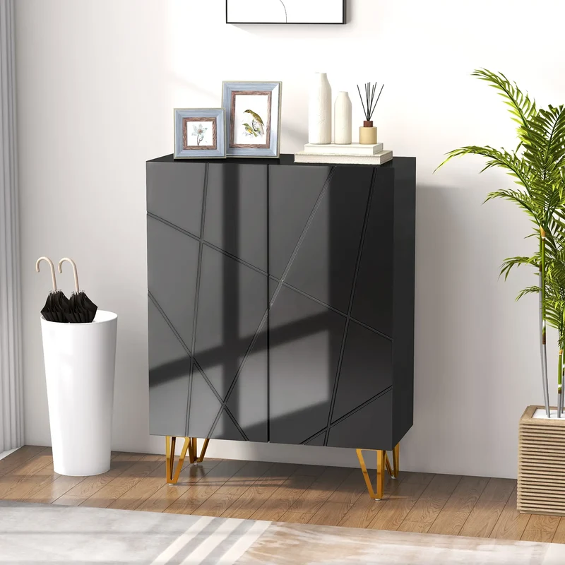 Narrow Shoe Storage Cabinet, Adjustable Shelves, High Gloss, Black