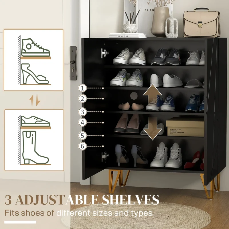 Narrow Shoe Storage Cabinet, Adjustable Shelves, High Gloss, Black