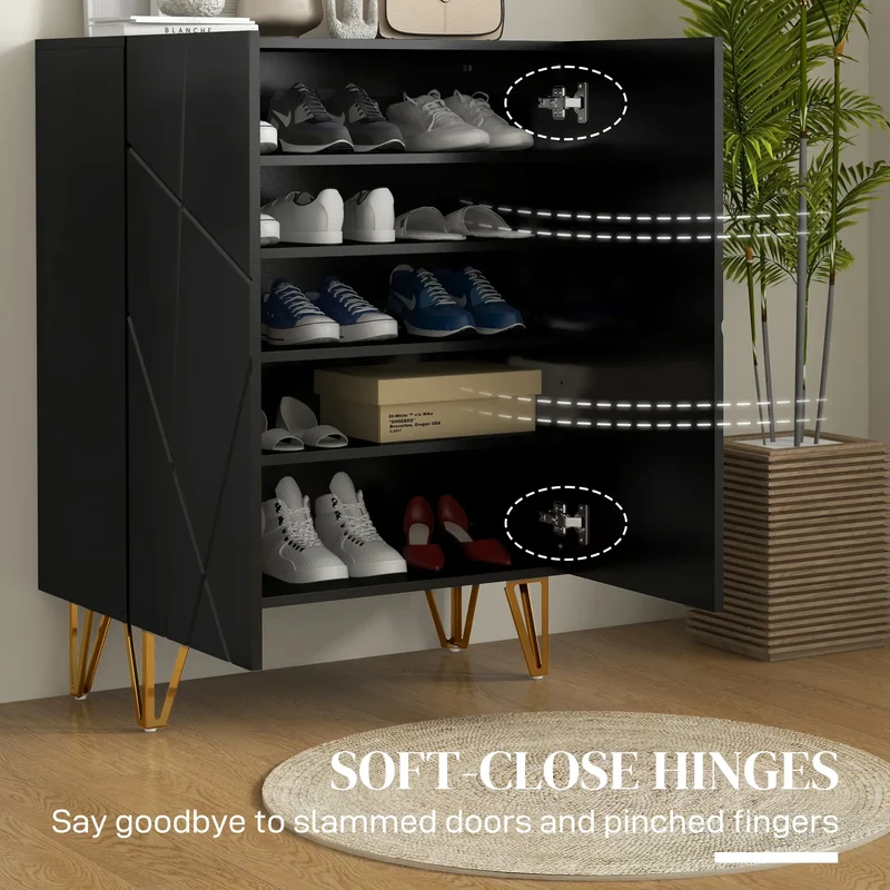 Narrow Shoe Storage Cabinet, Adjustable Shelves, High Gloss, Black