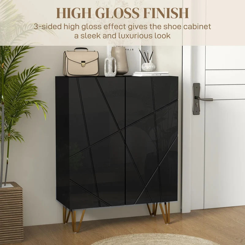 Narrow Shoe Storage Cabinet, Adjustable Shelves, High Gloss, Black