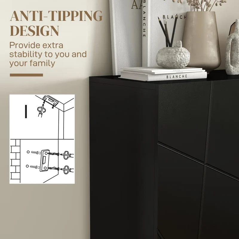 Narrow Shoe Storage Cabinet, Adjustable Shelves, High Gloss, Black