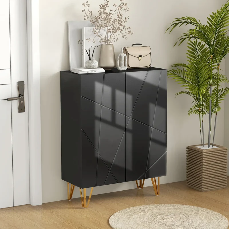 Narrow Shoe Storage Cabinet, Adjustable Shelves, High Gloss, Black