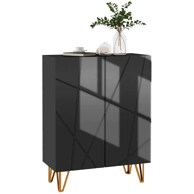 Narrow Shoe Storage Cabinet, Adjustable Shelves, High Gloss, Black