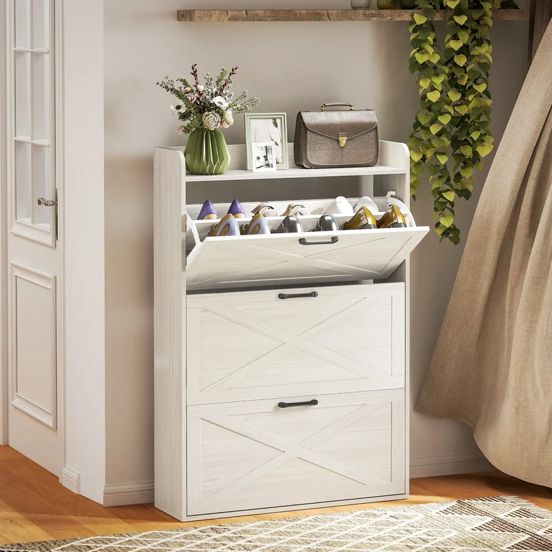 Narrow Shoe Storage Cabinet, 3 Flip Drawers, Adjustable Shelves, White Oak