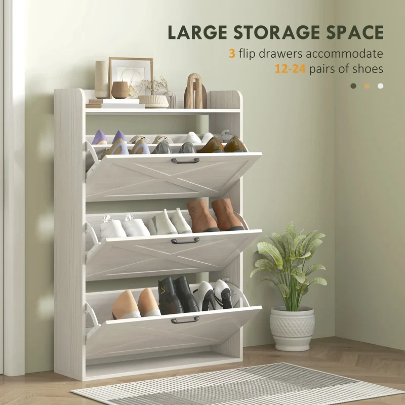 Narrow Shoe Storage Cabinet, 3 Flip Drawers, Adjustable Shelves, White Oak