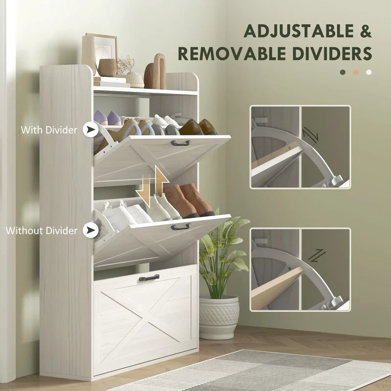 Narrow Shoe Storage Cabinet, 3 Flip Drawers, Adjustable Shelves, White Oak