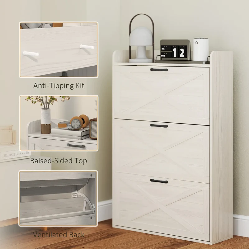 Narrow Shoe Storage Cabinet, 3 Flip Drawers, Adjustable Shelves, White Oak