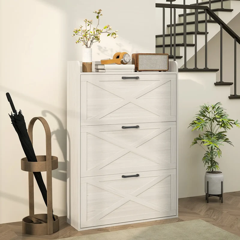 Narrow Shoe Storage Cabinet, 3 Flip Drawers, Adjustable Shelves, White Oak