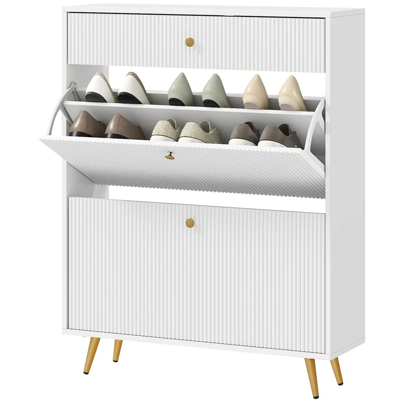 Narrow Shoe Storage Cabinet, Adjustable Shelves, 12 Pairs, White
