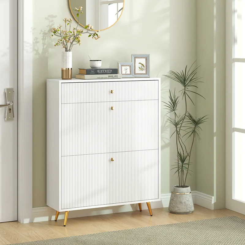 Narrow Shoe Storage Cabinet, Adjustable Shelves, 12 Pairs, White