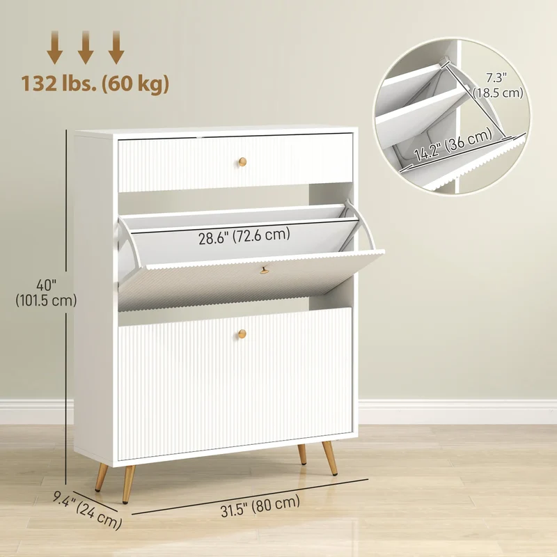 Narrow Shoe Storage Cabinet, Adjustable Shelves, 12 Pairs, White
