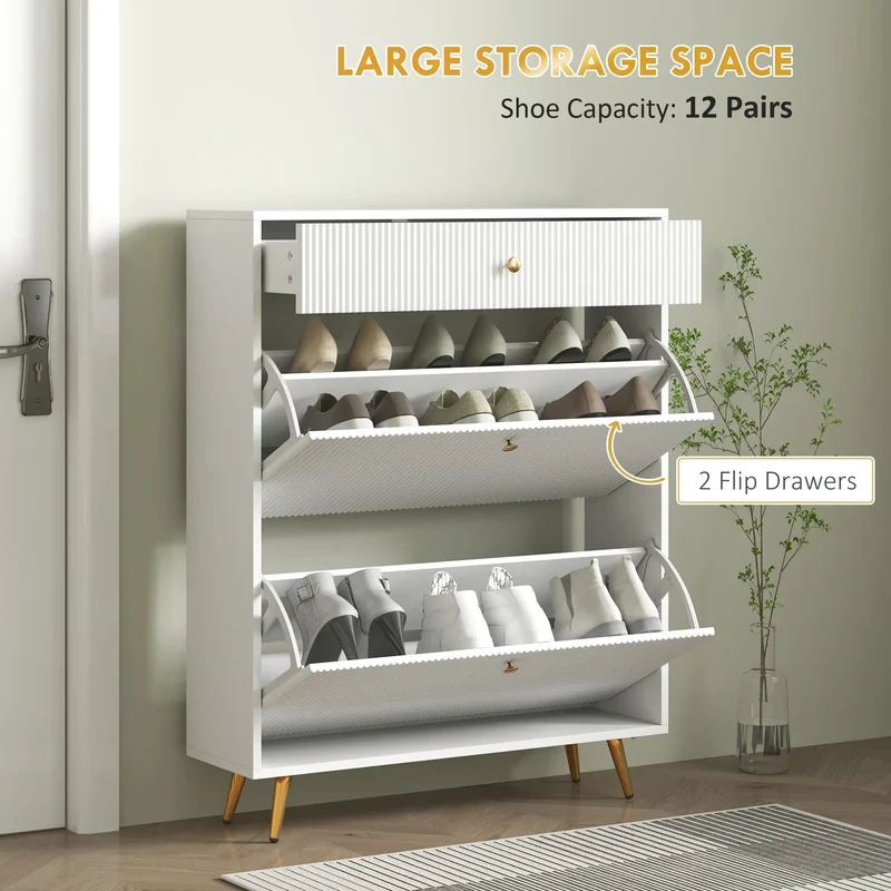 Narrow Shoe Storage Cabinet, Adjustable Shelves, 12 Pairs, White