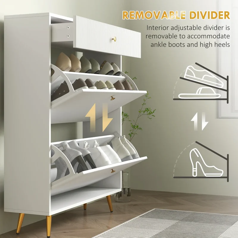 Narrow Shoe Storage Cabinet, Adjustable Shelves, 12 Pairs, White