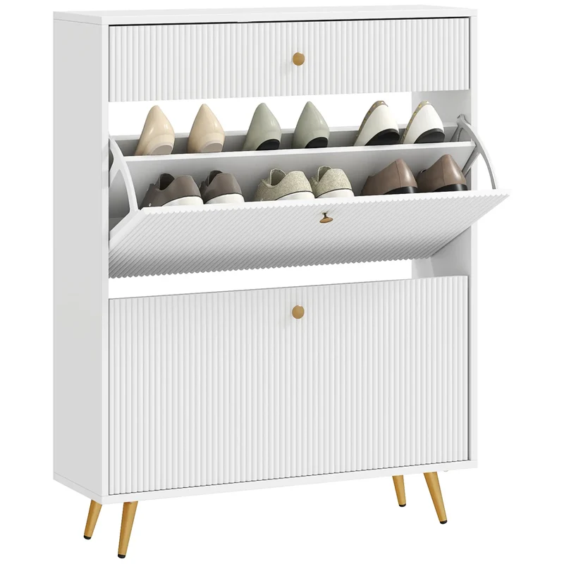 Narrow Shoe Storage Cabinet, Adjustable Shelves, 12 Pairs, White