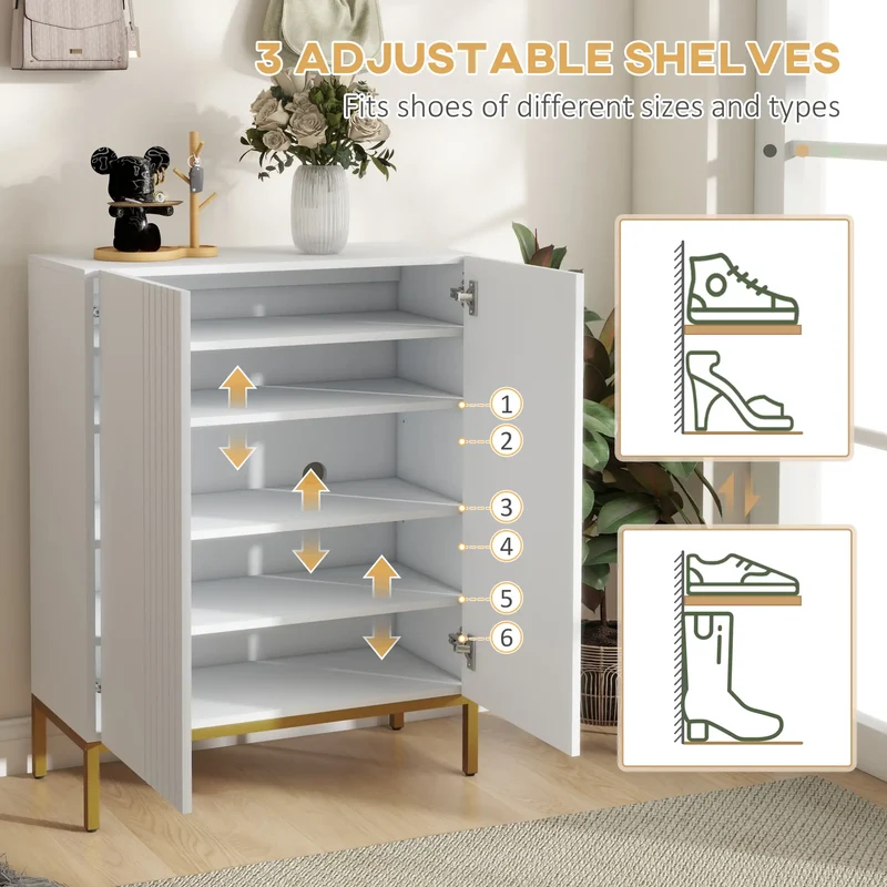 Shoe Storage Cabinet, Adjustable Shelves, Soft-Close Hinges, 15-20 Pairs, White