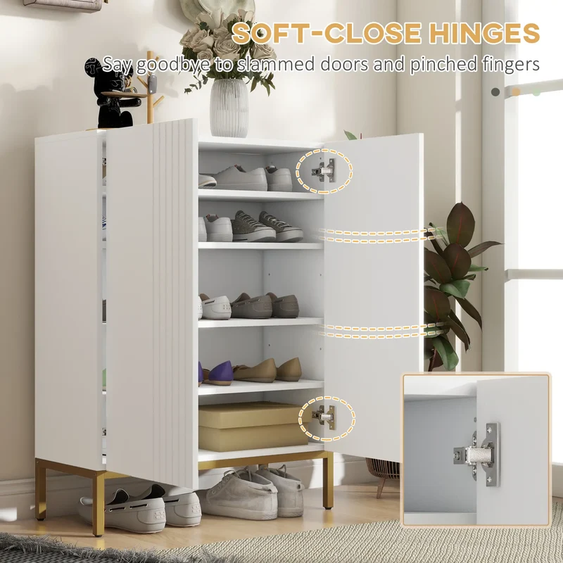 Shoe Storage Cabinet, Adjustable Shelves, Soft-Close Hinges, 15-20 Pairs, White