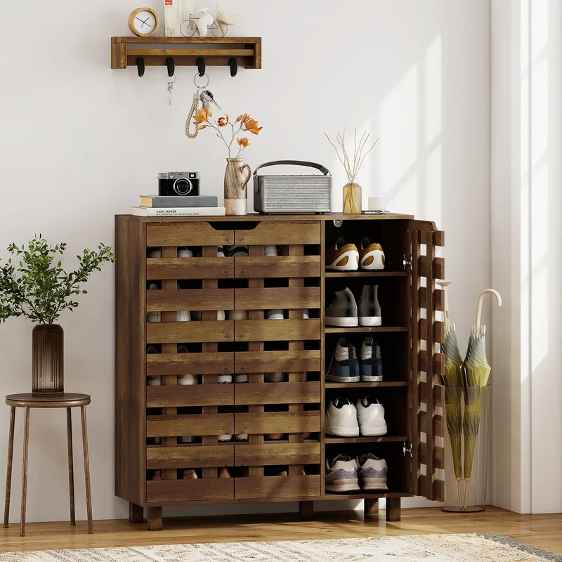 Shoe Cabinet, 21 Pair Storage, Hollowed-Out Doors, Distressed Brown