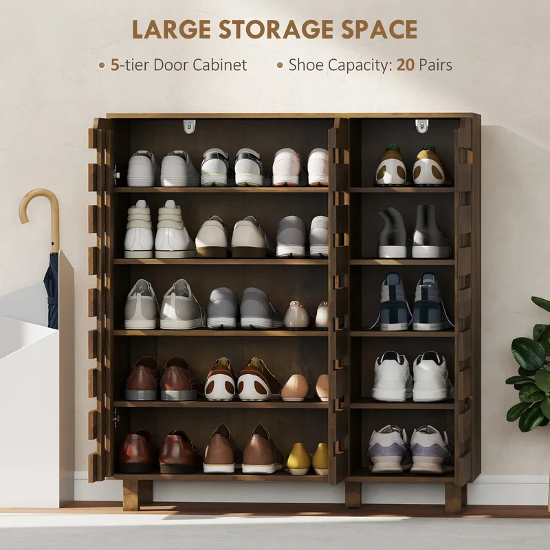 Shoe Cabinet, 21 Pair Storage, Hollowed-Out Doors, Distressed Brown