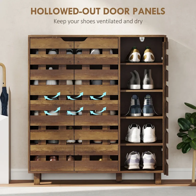 Shoe Cabinet, 21 Pair Storage, Hollowed-Out Doors, Distressed Brown