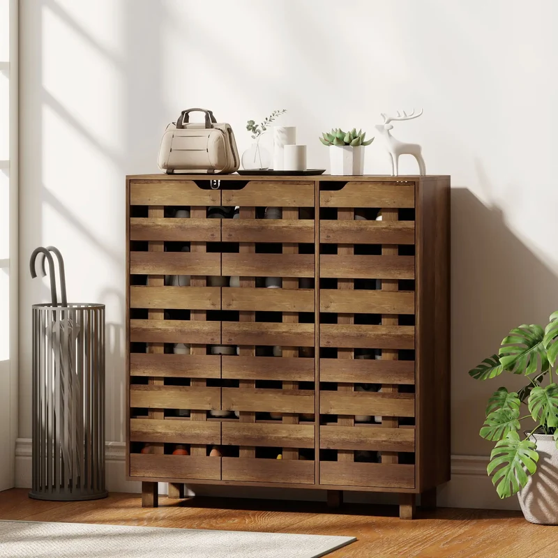 Shoe Cabinet, 21 Pair Storage, Hollowed-Out Doors, Distressed Brown